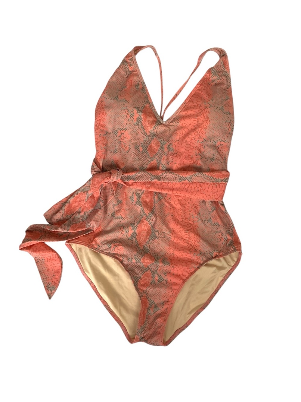 The blushing brunette pink snakeskin print one piece swim suit size medium